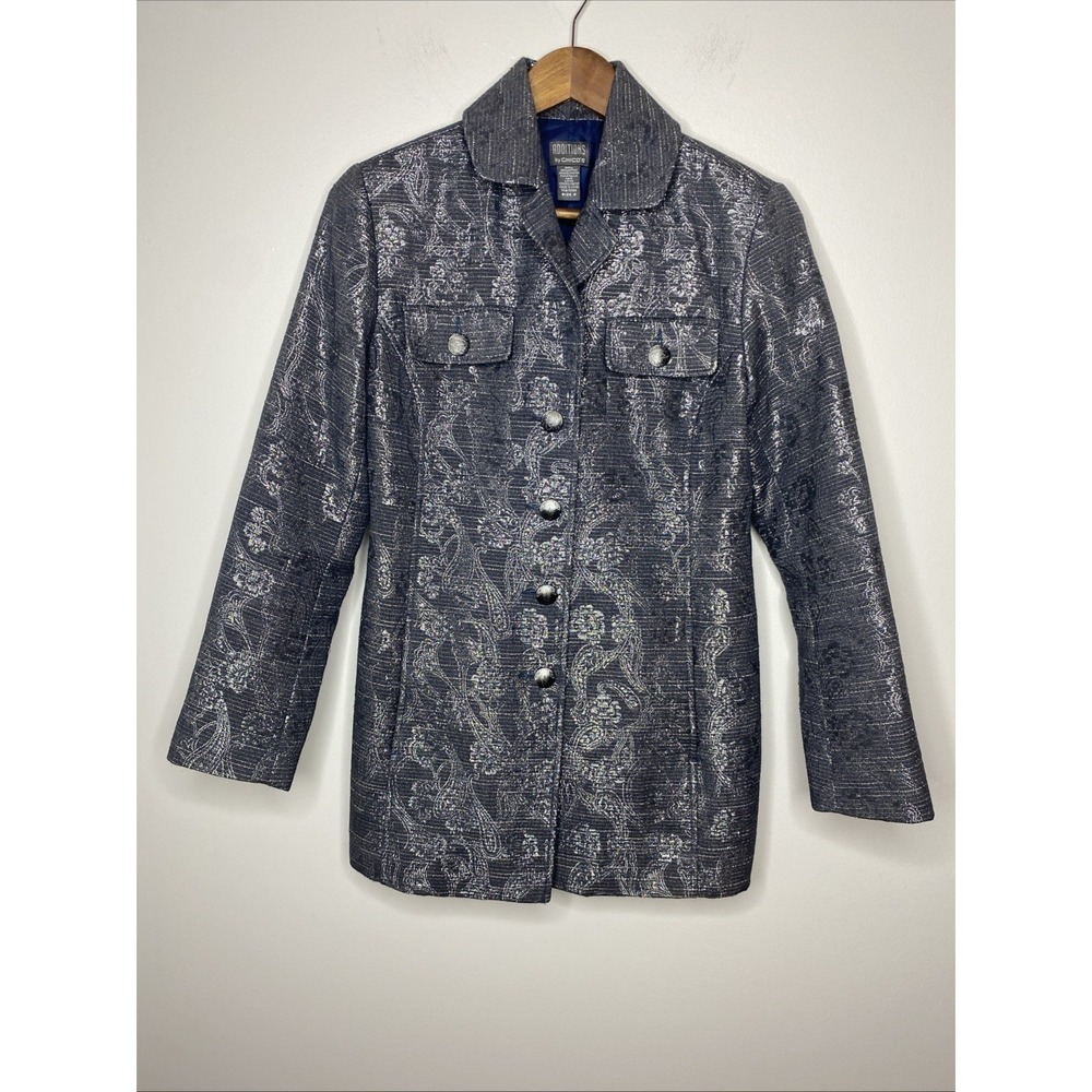 Additions by Chico's Jacket Gray‎ Silver Metallic Floral Blazer Long Size 0 XS